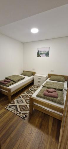 een slaapkamer met 2 bedden en een tapijt bij Apartments Dubrava 6 in Zagreb
