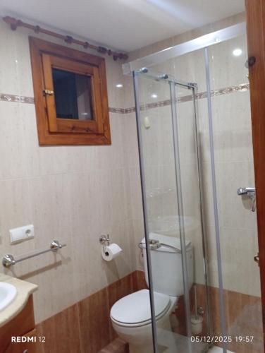 Un baño con inodoro y ducha de cristal. en CASA el NOGAL, en Salas Bajas