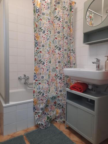 een badkamer met een douchegordijn en een wastafel bij Im Stauberhaus in Kirchdorf an der Krems