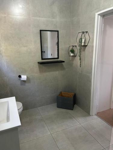 a bathroom with a mirror and a sink and a toilet at Pin Oak Inn in Hilton