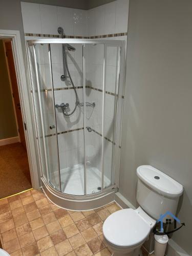 a bathroom with a shower and a toilet at Coach House at The George Pub, Ashley, Market Harborough in Ashley