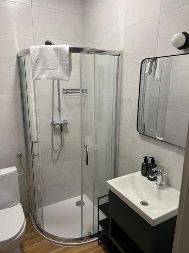 Un baño con ducha, inodoro y lavabo. en Wilczy Sen, en Ciechanów