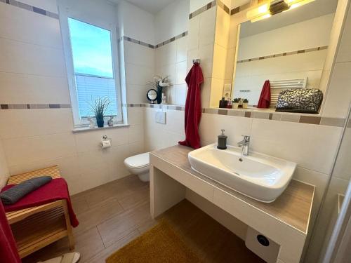 a bathroom with a sink and a toilet and a mirror at KÄPT´N BRASS "Kajüte 4" in Dierhagen