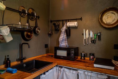 een aanrecht met een spoelbak en een magnetron bij Casale Orgogliosa in San Vito Chietino