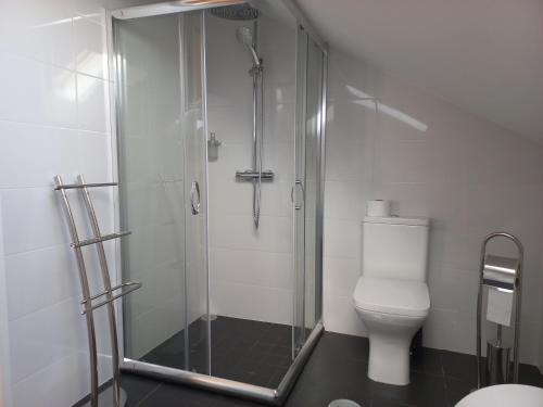 a bathroom with a shower and a toilet at Ares do mar - Loft and terrace in Matosinhos