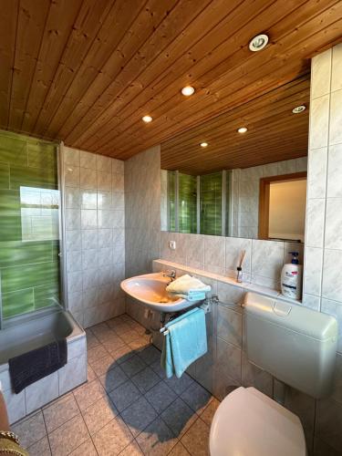 罗埃特根Pension Britta的带水槽、浴缸和马桶的浴室