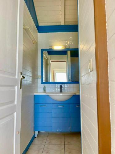 a bathroom with a blue sink and a mirror at Le Chalet in Saint-François