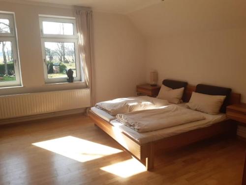 a bedroom with a bed in a room with two windows at Schöner alter Resthof am Jadebusen in Reitland