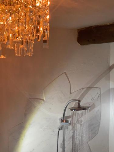a chandelier hanging from the ceiling in a room at Schöner alter Resthof am Jadebusen in Reitland