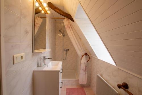 une salle de bain avec lavabo et douche dans un grenier dans l'établissement Gite du soleil levant, à Lacropte