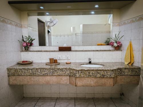 a bathroom with a sink and a large mirror at Ayurveda Spring Of Life Resort in Piliyandala