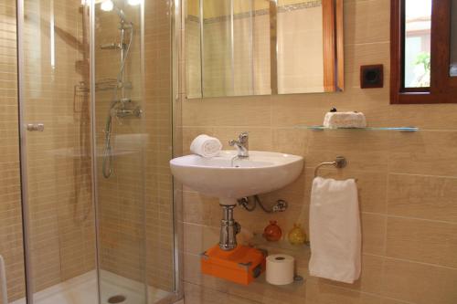 y baño con lavabo y ducha. en Casa Llebra I, en Tortosa
