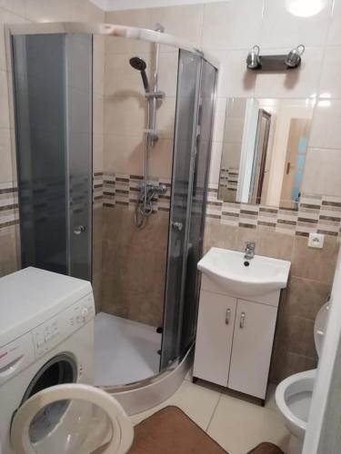a bathroom with a shower and a toilet and a sink at Apartament Kościelna, dwie oddzielne sypialnie in Białystok