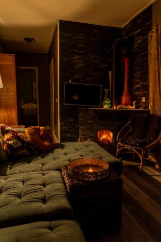 a living room with a couch and a fireplace at Wellness oase Egmond in Egmond aan den Hoef