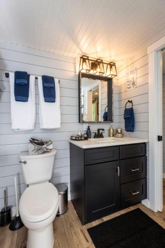 a bathroom with a toilet and a sink and a mirror at Hagrid's Hut - Harry Potter Riverfront Experience in New Richmond