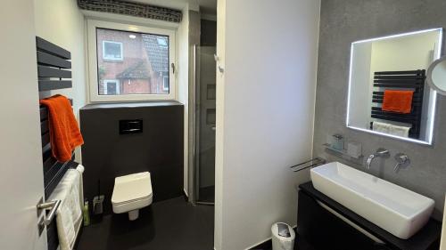 een kleine badkamer met een wastafel en een spiegel bij Ferienwohnung Passat in Olpenitzdorf in Olpenitzdorf