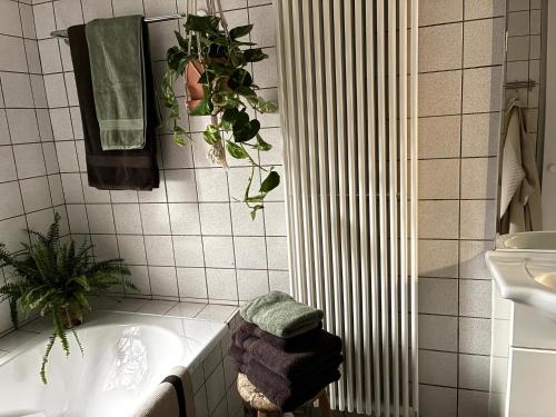 a bathroom with a tub and a plant on the wall at Cozy house in Olmen in Balen