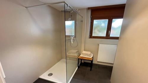 a glass shower in a bathroom with a table at Superbe appartement avec 2 chambres avec vue imprenable sur les Alpes in Crans-Montana