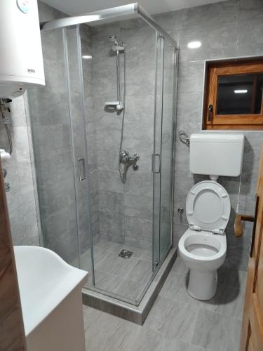 a bathroom with a shower and a toilet at Brvnara Zlatni mir in Vodice