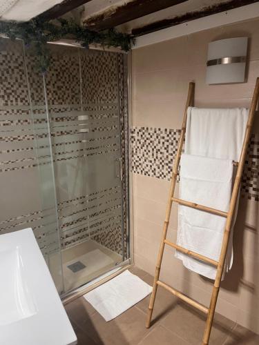 bagno con doccia in vetro e asciugamano di Domus Mangana a Cuenca