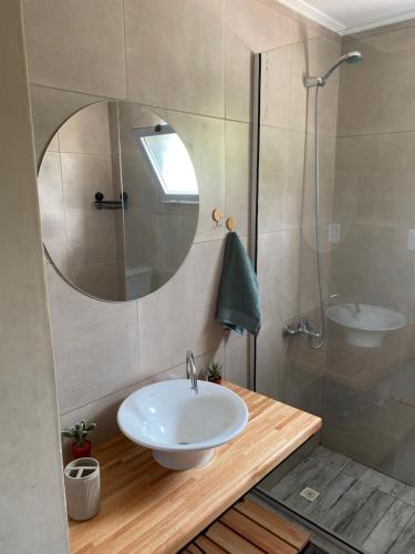un baño con lavabo y espejo en Departamentos Aagaard, en El Bolsón