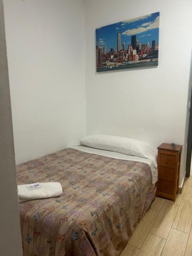 Un dormitorio con una cama y un cuadro en la pared. en Pensión LF - No Fumadores - Habitaciones Con Baño Privado - Sin Ascensor, en Zaragoza