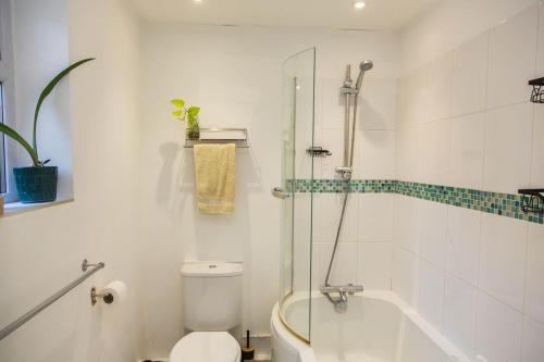ein Badezimmer mit einer Dusche, einem WC und einer Badewanne in der Unterkunft Calm Private Apartment in Ashford Ideal to Work, Rest Explore in Smeeth