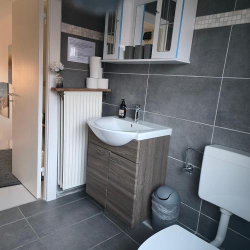a bathroom with a sink and a toilet at Gästehaus Bergedorf 1 in Hamburg