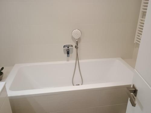 a shower in a white bathroom with at Apartmán Vail in Svoboda nad Úpou