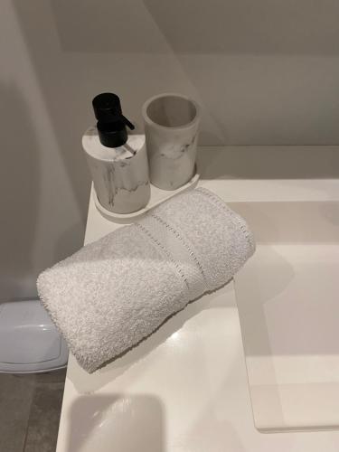 アントワープにあるCharming modern apartment in the heart of Antwerp with optional private parkingのトイレの横のカウンターに置かれた白いタオル