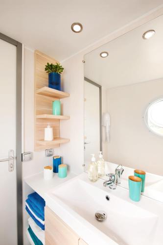 a bathroom with a white sink and a mirror at Paradis Des Dombes in Sandrans