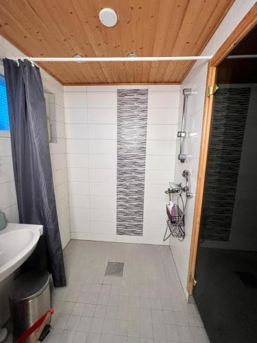 a bathroom with a shower and a sink at Kotkanpesä in Ylläs