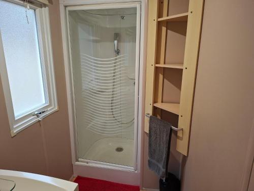 ein Badezimmer mit Dusche mit Glastür in der Unterkunft Mira Monti Location in Belvédère