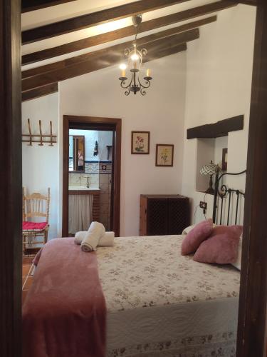 a bedroom with a large bed with pink pillows at Casa Cuesta Gato in Sedella