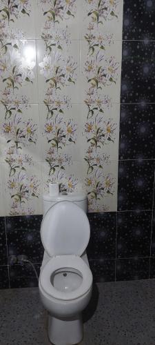 a white toilet in a bathroom with floral wallpaper at Mostafa Nubian Guesthouse in Najâ€˜ al MadÄbb