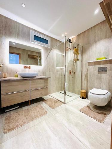 ein Badezimmer mit Toilette, Waschbecken und Dusche in der Unterkunft Paradiso in Sidi Bou Saïd