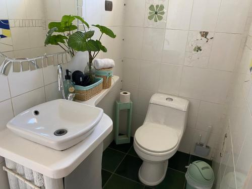 um banheiro com um vaso sanitário branco e uma pia em Estudio Los Mosaicos em Vicuña