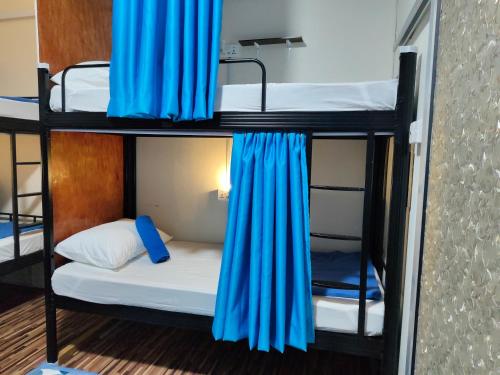 two bunk beds with blue curtains in a room at Anchor Point Hostel and Cafe in Pulau Langkawi