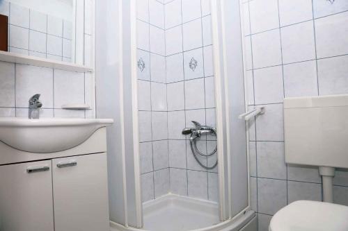 un bagno bianco con doccia e lavandino di Apartment Brna 1 a Brna