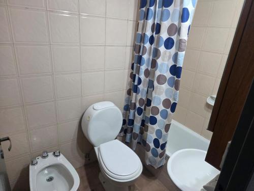 a bathroom with a toilet and a shower curtain at Amplio Departamento Céntrico in Barraquero