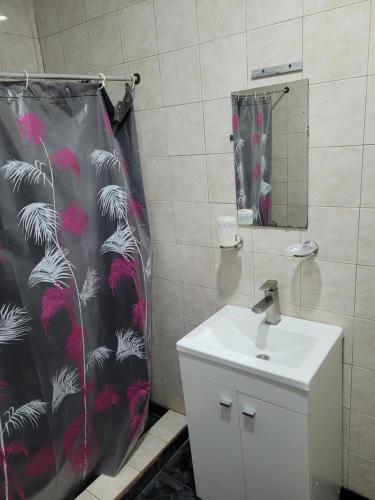 a bathroom with a shower curtain and a sink at Casa Cepeda in Colón