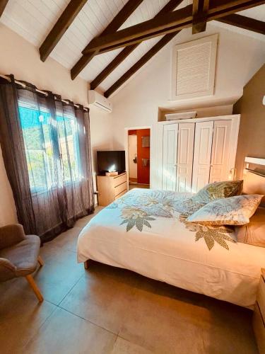 a bedroom with a large bed and a tv at Orient bay Ti COCON au calme avec citerne in Orient Bay
