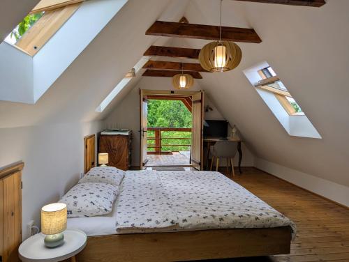 a bedroom with a bed in a attic with skylights at The Village Cottage in Ocna de Jos