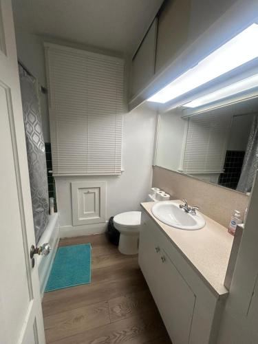 a bathroom with a sink and a toilet and a mirror at Vancouver Guest House - Airport 10 Min - Free Parking & Fast Wi-Fi in Vancouver