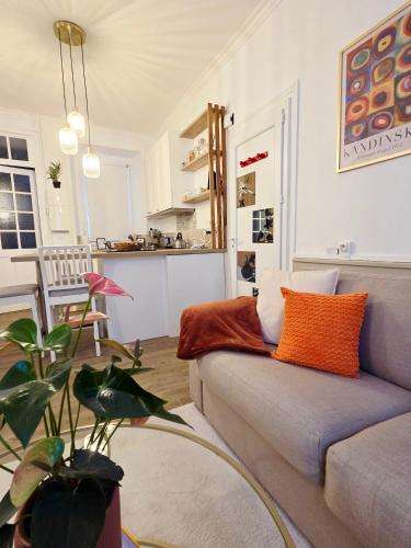ein Wohnzimmer mit Sofa und eine Küche in der Unterkunft Haussmann Chic & Soft Élégance - Centre-ville in Saint-Brieuc