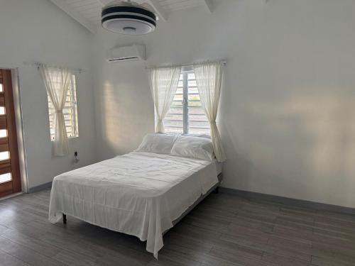 een slaapkamer met een bed en een raam met witte lakens bij Serenity Retreat in Codrington Village