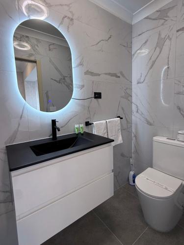 a bathroom with a sink and a mirror and a toilet at Hume Villa Motor Inn UNDER NEW MANAGEMENT in Melbourne