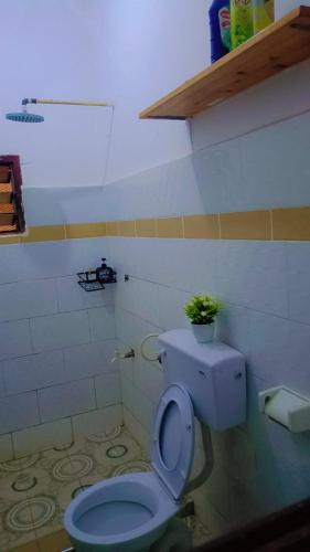 a bathroom with a toilet with a plant on it at Zion Apartment Diani in Diani Beach
