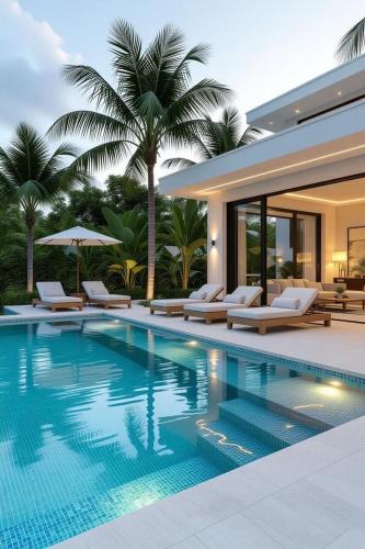 una piscina con tumbonas y una villa en Gaia, en Acapulco