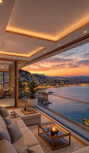 Una sala de estar con vista al mar. en Gaia, en Acapulco